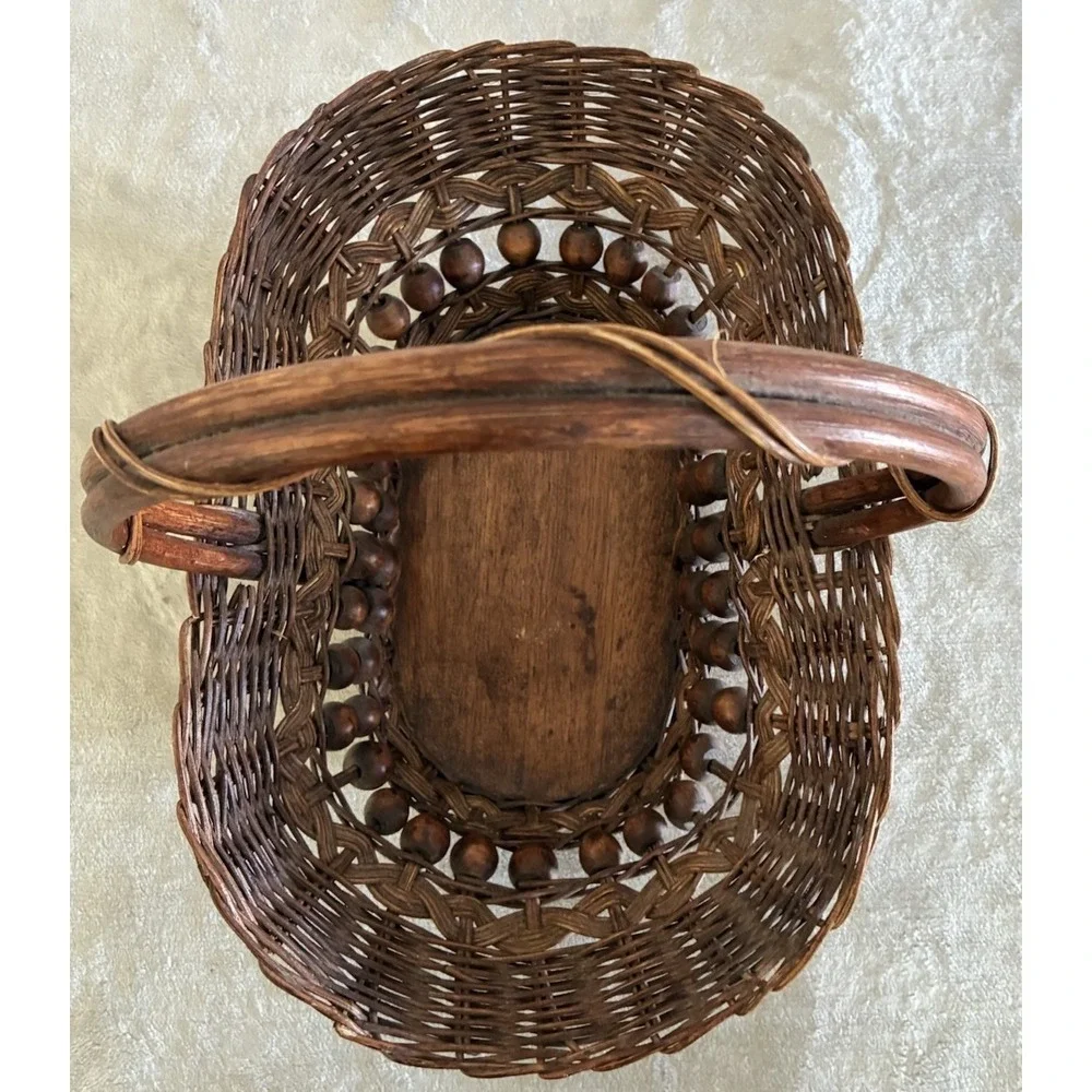 Handwoven Willow Wooden Bead Gathering‎ Basket Philippines Vintage 1980s